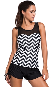 BY410119 Black White Zigzag Print Mesh Splice 2pcs Tankini Swimsuit